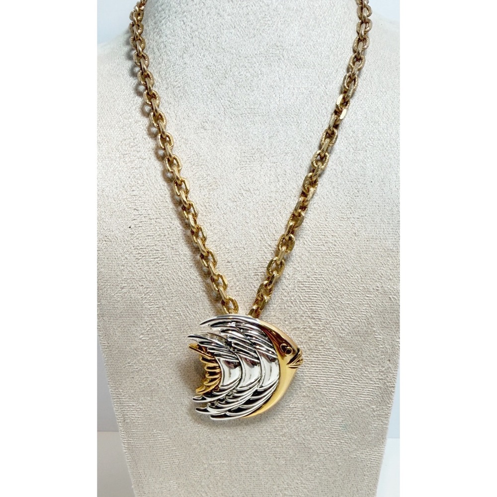 Signed Best Fish Brooch Pendant Necklace Two Tone Chunky Gold Chain 18 Inch